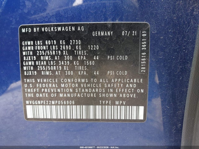 2021 Volkswagen Id.4 Awd Pro S მანქანა იყიდება აუქციონზე, vin: WVGGNPE22MP056906, აუქციონის ნომერი: 45198877