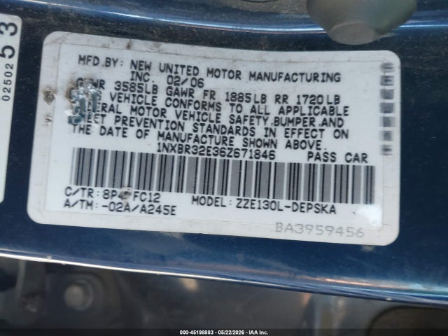 Aukcja sprzedaży 2006 Toyota Corolla S, vin: 1NXBR32E36Z671846, numer aukcji: 45198883