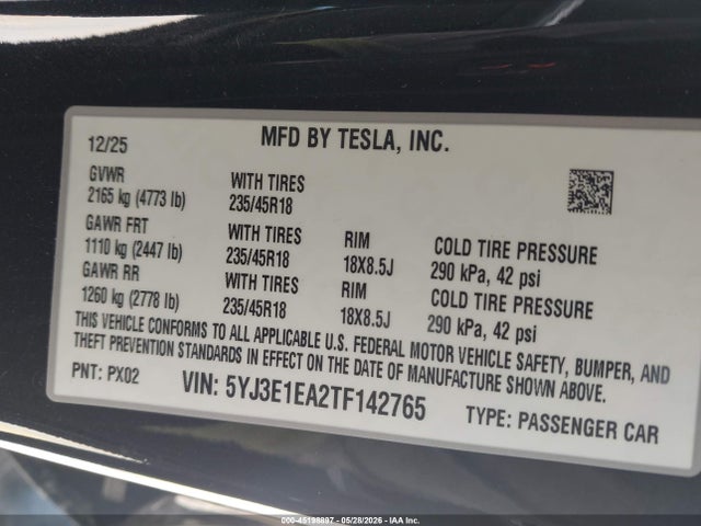 Продаж на аукціоні авто 2026 Tesla Model 3 Premium Rear-wheel Drive/rear-wheel Drive, vin: 5YJ3E1EA2TF142765, номер лоту: 45198897