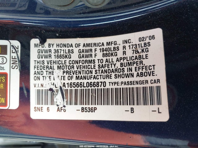 45198898 :رقم المزاد ، 1HGFA16566L066870 vin ، 2006 Honda Civic Lx مزاد بيع