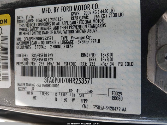 Ford FUSION SE 2017 3FA6P0H70HR253571 Image 9