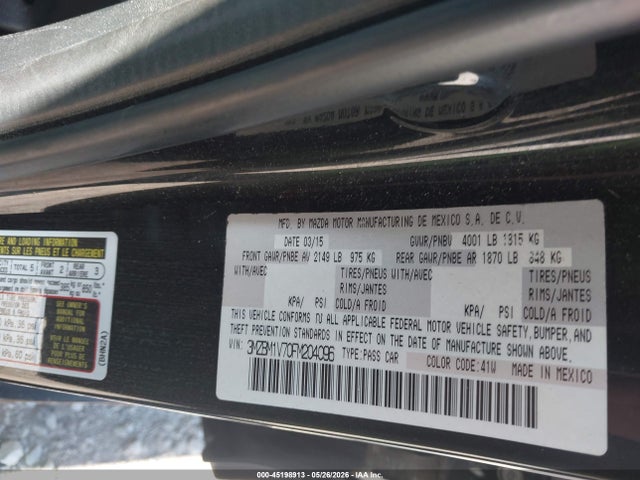 45198913 :رقم المزاد ، 3MZBM1V70FM204096 vin ، 2015 Mazda Mazda3 I Touring مزاد بيع