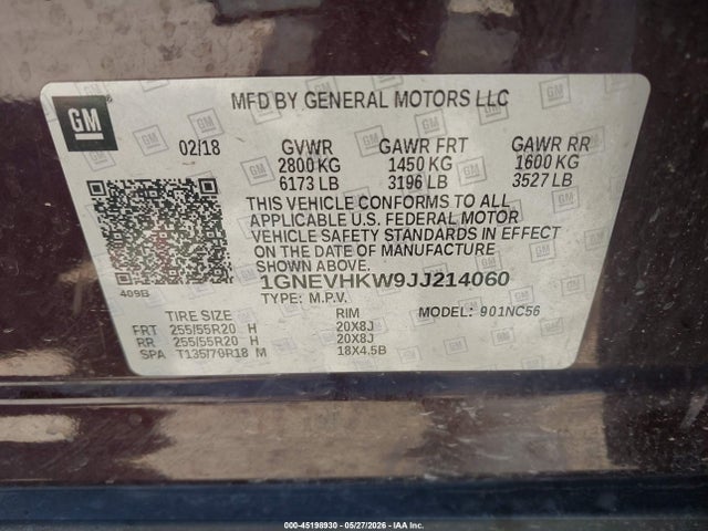 Chevrolet Traverse 3lt 2018 1GNEVHKW9JJ214060 Image 9