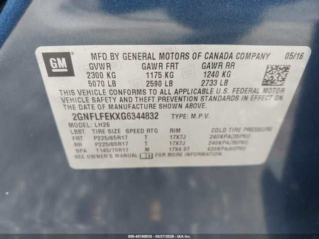 Продаж на аукціоні авто 2016 Chevrolet Equinox Lt, vin: 2GNFLFEKXG6344832, номер лоту: 45198935
