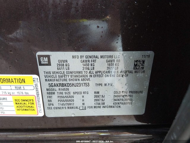 Aukcja sprzedaży 2017 Buick Enclave Leather, vin: 5GAKRBKD5HJ231753, numer aukcji: 45198947