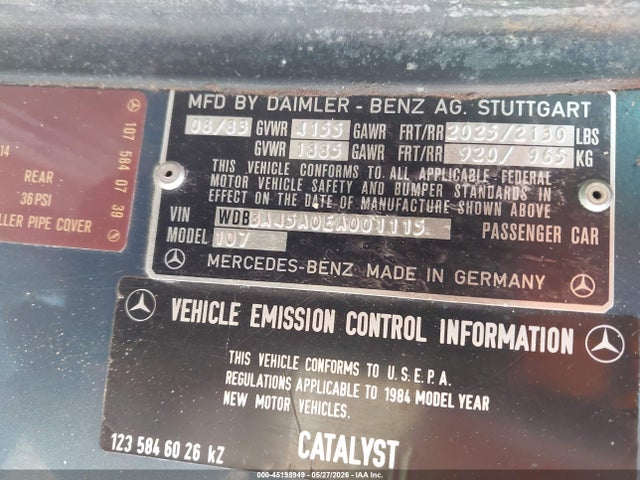 Aukcja sprzedaży 1984 Mercedes-benz 380 Sl, vin: WDBBA45A0EA001115, numer aukcji: 45198949