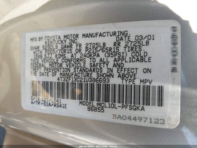 Продажа на аукционе авто 2001 Toyota Sienna Xle, vin: 4T3ZF13C21U386693, номер лота: 45198950