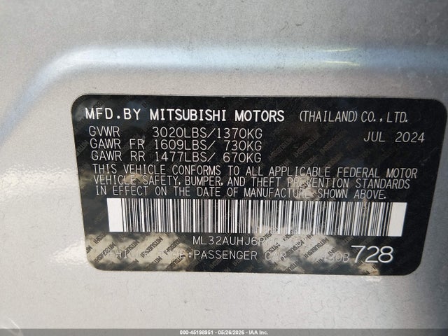 Продаж на аукціоні авто 2024 Mitsubishi Mirage Es/le, vin: ML32AUHJ6RH021513, номер лоту: 45198951
