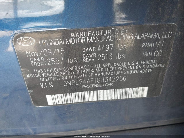 Aukcja sprzedaży 2016 Hyundai Sonata Se, vin: 5NPE24AF1GH342256, numer aukcji: 45198961
