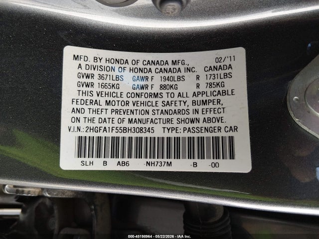 Продажа на аукционе авто 2011 Honda Civic Lx, vin: 2HGFA1F55BH308345, номер лота: 45198964