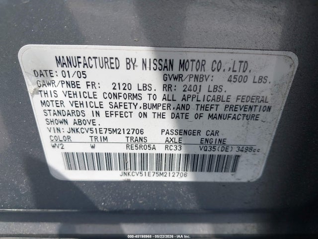 Aukcja sprzedaży 2005 Infiniti G35, vin: JNKCV51E75M212706, numer aukcji: 45198968