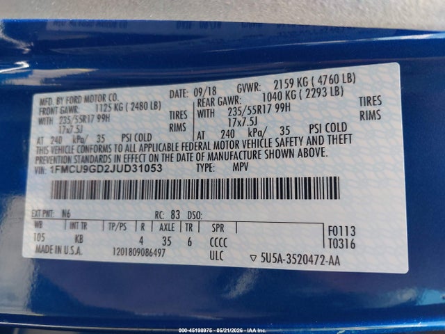Aukcja sprzedaży 2018 Ford Escape Se, vin: 1FMCU9GD2JUD31053, numer aukcji: 45198975