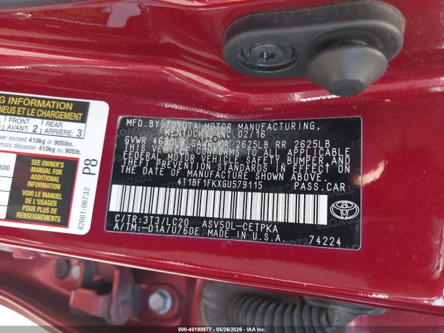 2016 Toyota Camry Xse მანქანა იყიდება აუქციონზე, vin: 4T1BF1FKXGU579115, აუქციონის ნომერი: 45198977