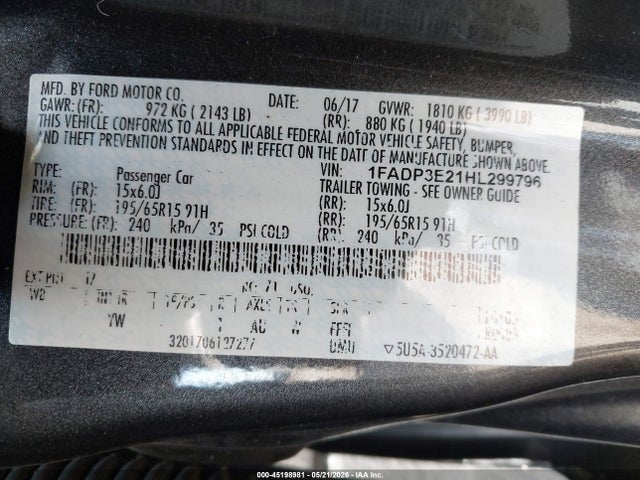 2017 Ford Focus S მანქანა იყიდება აუქციონზე, vin: 1FADP3E21HL299796, აუქციონის ნომერი: 45198981