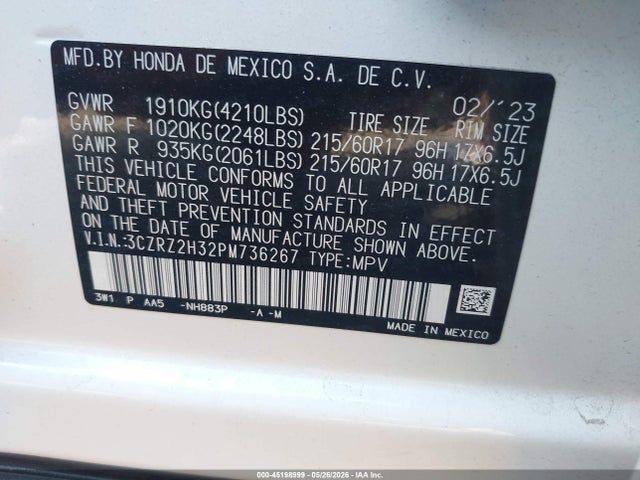 Aukcja sprzedaży 2023 Honda Hr-v Awd Lx, vin: 3CZRZ2H32PM736267, numer aukcji: 45198999