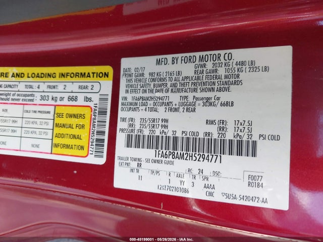 Продаж на аукціоні авто 2017 Ford Mustang V6, vin: 1FA6P8AM2H5294771, номер лоту: 45199001