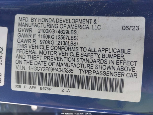1HGCY2F59PA045285 Honda Accord Hybrid Sport
