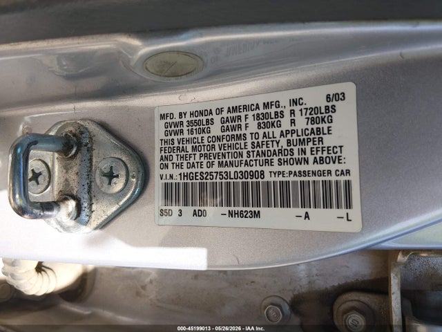 Продажа на аукционе авто 2003 Honda Civic Ex, vin: 1HGES25753L030908, номер лота: 45199013