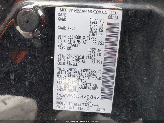 45199015 :رقم المزاد ، 5N1AT2MV6EC872892 vin ، 2014 Nissan Rogue Sl مزاد بيع