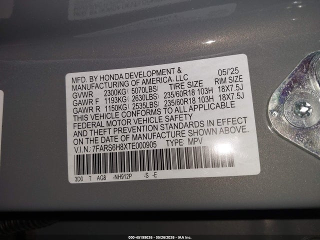 Продаж на аукціоні авто 2026 Honda Cr-v Hybrid Awd Sport-l, vin: 7FARS6H8XTE000905, номер лоту: 45199026