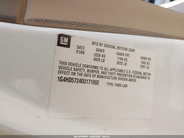 2006 Buick Lucerne Cxl მანქანა იყიდება აუქციონზე, vin: 1G4HD57246U171892, აუქციონის ნომერი: 45199039