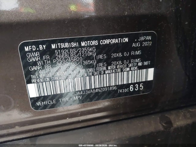 2022 Mitsubishi Outlander Sel 2.5 2wd/sel Special Edition 2wd მანქანა იყიდება აუქციონზე, vin: JA4J3VA84NZ091896, აუქციონის ნომერი: 45199060