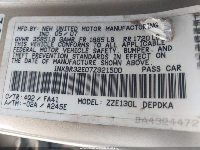 Продаж на аукціоні авто 2007 Toyota Corolla Ce, vin: 1NXBR32E07Z921500, номер лоту: 45199066