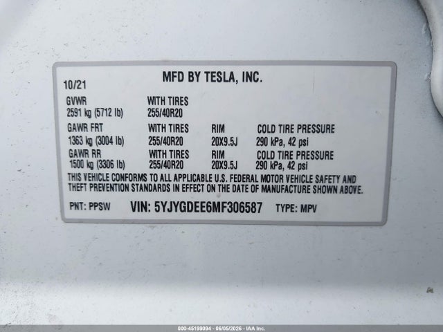 Продажа на аукционе авто 2021 Tesla Model Y Long Range Dual Motor All-wheel Drive, vin: 5YJYGDEE6MF306587, номер лота: 45199094