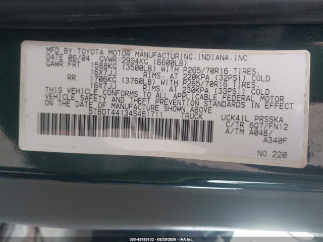 Aukcja sprzedaży 2004 Toyota Tundra Sr5 V8, vin: 5TBDT44134S461711, numer aukcji: 45199102