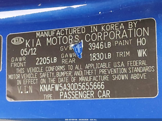 2013 Kia Forte Sx მანქანა იყიდება აუქციონზე, vin: KNAFW5A30D5655666, აუქციონის ნომერი: 45199106
