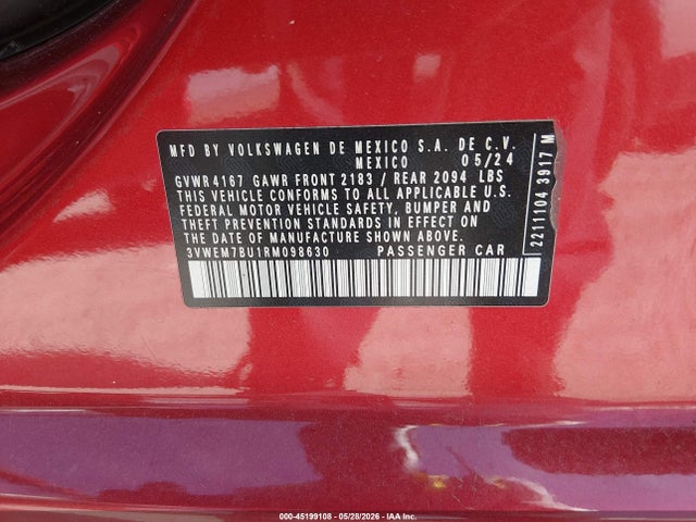 45199108 :رقم المزاد ، 3VWEM7BU1RM098630 vin ، 2024 Volkswagen Jetta 1.5t Se مزاد بيع