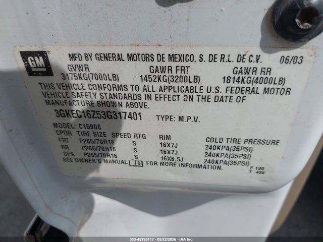 45199117 :رقم المزاد ، 3GKEC16Z53G317401 vin ، 2003 Gmc Yukon Xl 1500 Slt مزاد بيع