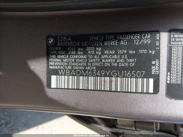 Продажа на аукционе авто 2000 Bmw 528ia, vin: WBADM6349YGU16507, номер лота: 45199139