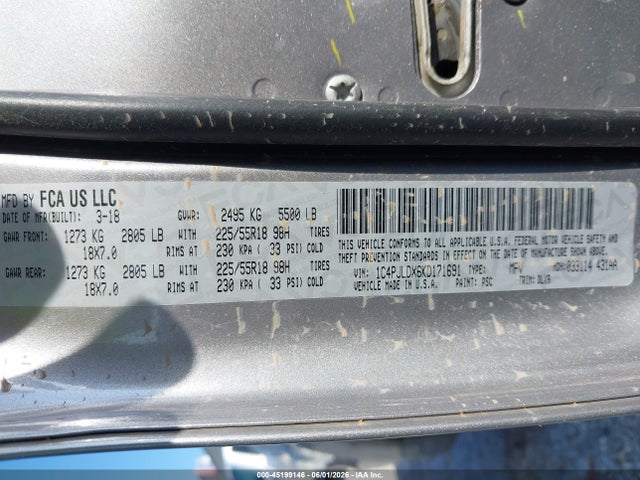 1C4PJLDX6KD171691 Jeep Cherokee Limited Fwd