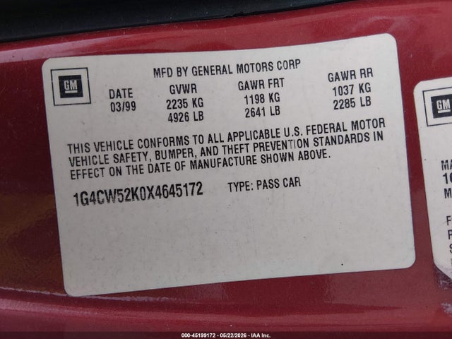 45199172 :رقم المزاد ، 1G4CW52K0X4645172 vin ، 1999 Buick Park Avenue مزاد بيع
