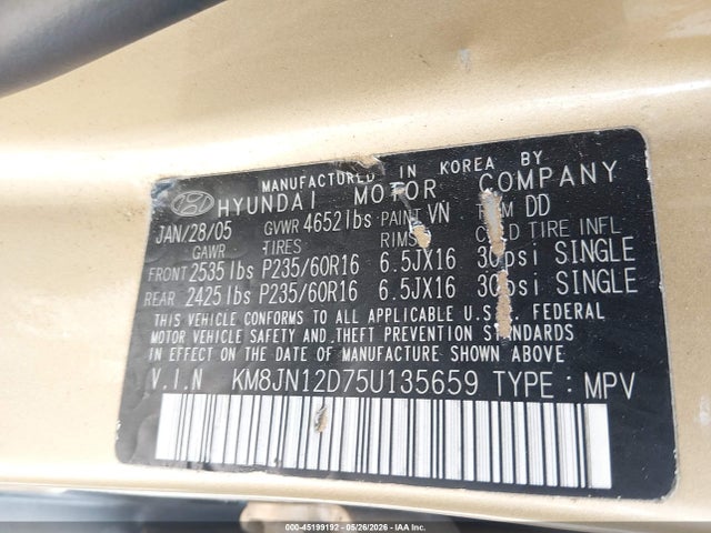 45199192 :رقم المزاد ، KM8JN12D75U135659 vin ، 2005 Hyundai Tucson Gls/lx مزاد بيع