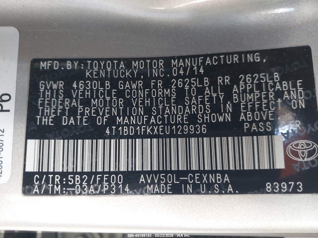4T1BD1FKXEU129936 Toyota Camry Hybrid Le