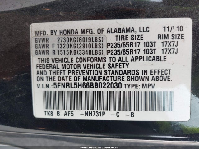 Продаж на аукціоні авто 2011 Honda Odyssey Ex-l, vin: 5FNRL5H66BB022030, номер лоту: 45199197