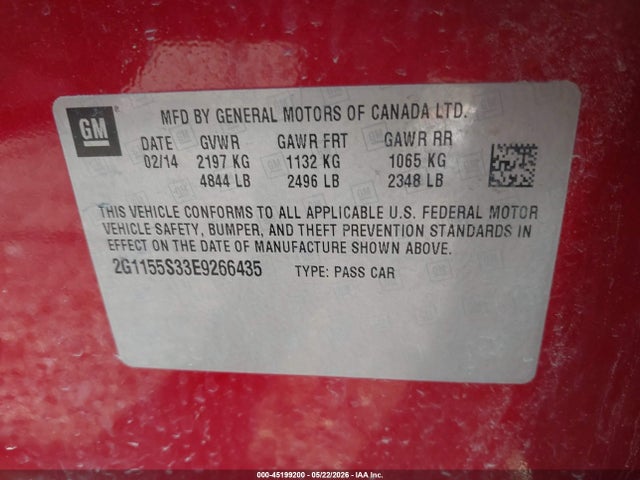 45199200 :رقم المزاد ، 2G1155S33E9266435 vin ، 2014 Chevrolet Impala 2lz مزاد بيع