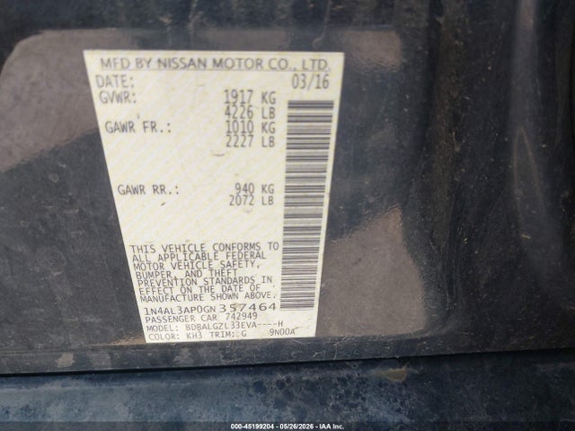 2016 Nissan Altima 2.5 S მანქანა იყიდება აუქციონზე, vin: 1N4AL3AP0GN357464, აუქციონის ნომერი: 45199204