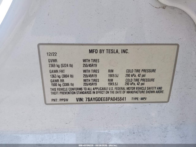 Продаж на аукціоні авто 2023 Tesla Model Y Awd/long Range Dual Motor All-wheel Drive, vin: 7SAYGDEE8PA045841, номер лоту: 45199220