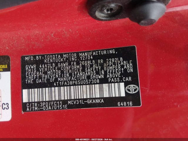45199221 :رقم المزاد ، 4T1FA38P65U057308 vin ، 2005 Toyota Camry Solara Se مزاد بيع