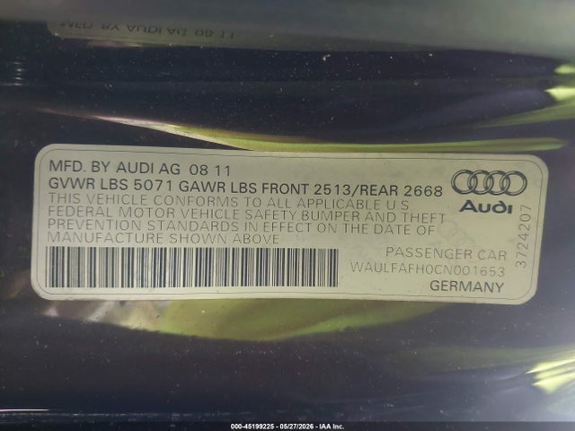 45199225 :رقم المزاد ، WAULFAFH0CN001653 vin ، 2012 Audi A5 2.0t Premium مزاد بيع