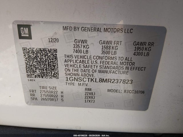 1GNSCTKL8MR237823 Chevrolet Tahoe 2wd High Country