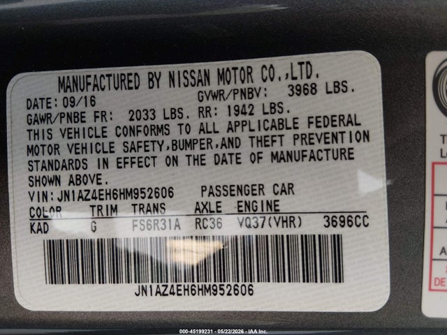 Aukcja sprzedaży 2017 Nissan 370z Sport Tech, vin: JN1AZ4EH6HM952606, numer aukcji: 45199231