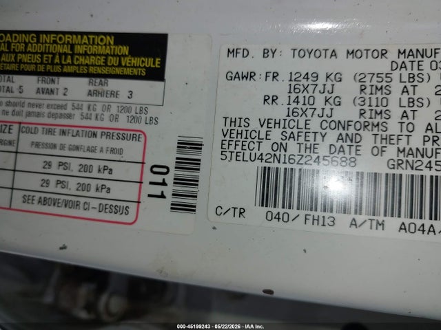 45199243 :رقم المزاد ، 5TELU42N16Z245688 vin ، 2006 Toyota Tacoma Base V6 مزاد بيع