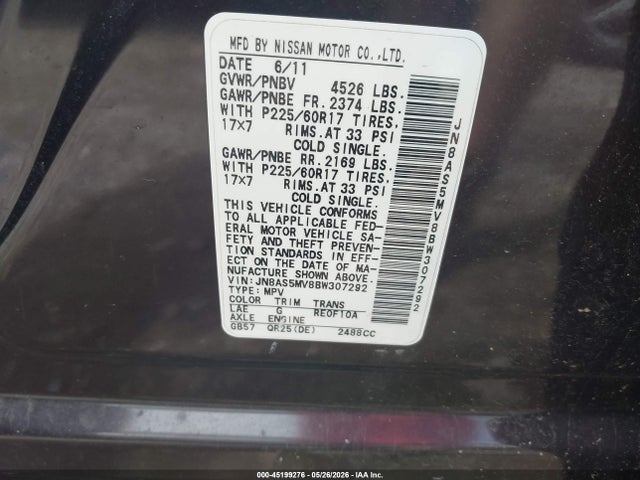 Продажа на аукционе авто 2011 Nissan Rogue Sv, vin: JN8AS5MV8BW307292, номер лота: 45199276