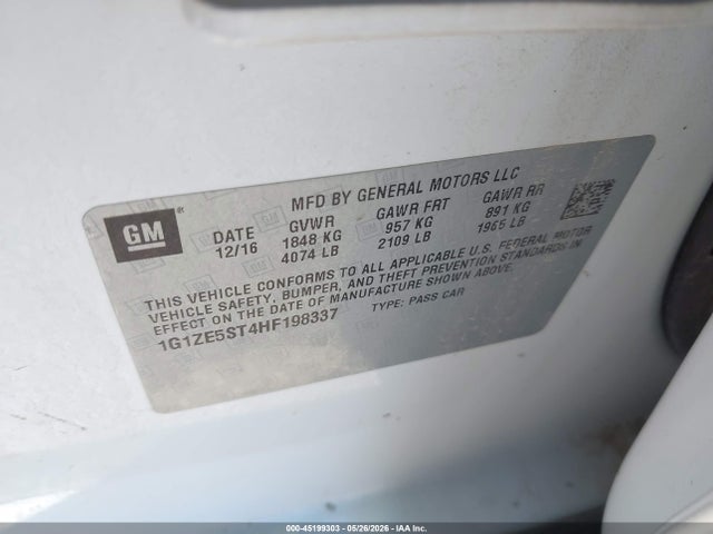 45199303 :رقم المزاد ، 1G1ZE5ST4HF198337 vin ، 2017 Chevrolet Malibu 1lt مزاد بيع