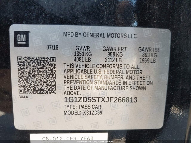 Продажа на аукционе авто 2018 Chevrolet Malibu Lt, vin: 1G1ZD5STXJF266813, номер лота: 45199312