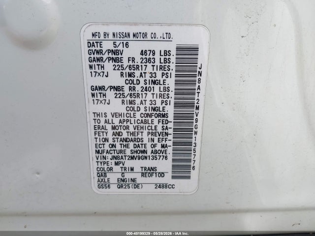 Aukcja sprzedaży 2016 Nissan Rogue Sv, vin: JN8AT2MV9GW135776, numer aukcji: 45199329